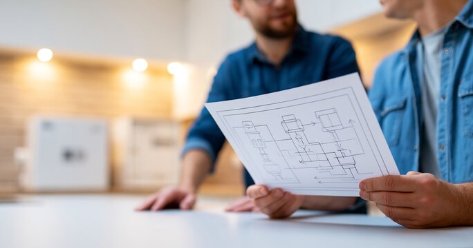 Two men reviewing technical schematic diagram