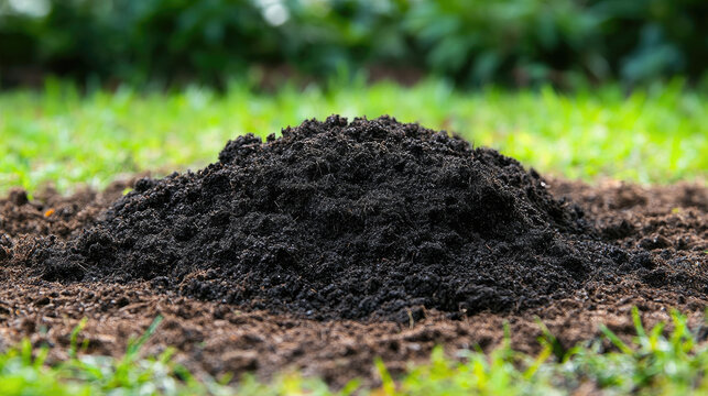 Close-up of an ant hill mound in green grass, representing nature, insects, and outdoor life.