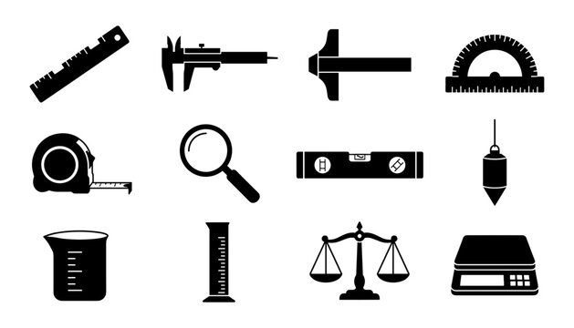 Measurement and Precision Tools Vector Icon Set with Ruler, Caliper, Tape Measure, Scale, Level, Protractor, and Laboratory Glassware Symbols