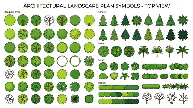 Diverse set of architectural landscape plan symbols top view trees and plants in vector illustration useful for urban and garden design projects