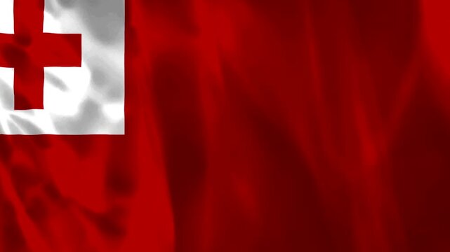 Waving national flag of Tonga featuring red background and white canton with red cross