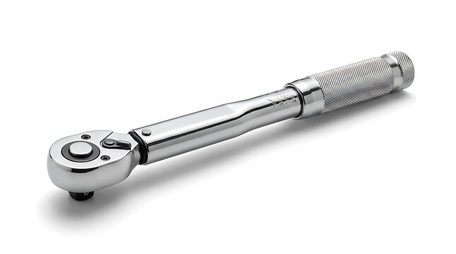 Chrome ratchet torque wrench tool on white background.