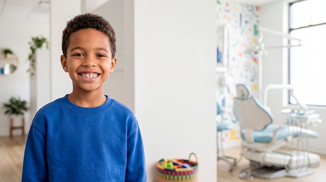 smiling child dental patient boy black clinic pediatric dentistry healthcare smiles in blue clothing inside a friendly practice for pediatric care branding family websites and positive visits