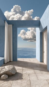 Blue-walled corridor frames endless ocean view