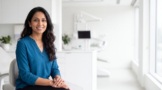 smiling dental patient woman clinic portrait dentistry healthcare confidence wellness sits smiling in blue clothing inside a clinic for patient trust branding websites and oral wellness campaigns