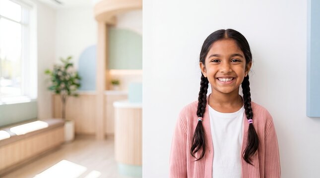 smiling child dental patient girl clinic pediatric dentistry healthcare portrait smiles in pink clothing inside a friendly practice for pediatric care branding family websites and positive visits