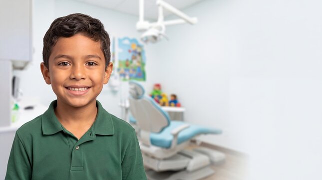 smiling child dental patient boy clinic pediatric dentistry healthcare portrait smiles in green clothing inside a friendly practice for pediatric care branding family websites and positive visits