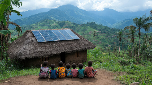 Children watch solar panels on remote hut roof in lush mountain landscape, Papua New Guinea