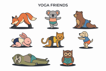 Obraz premium Yoga Friends Cute Cartoon Animals Practicing Various Yoga Poses Vector Illustration Set Isolated