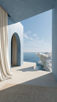 Soft curtains frame a serene coastal archway