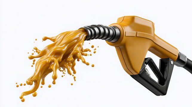 Hand grips fuel nozzle. Golden fuel sprays dramatically from nozzle tip. White background emphasizes motion and energy. Ideal for oil, energy, or fuel-related topics