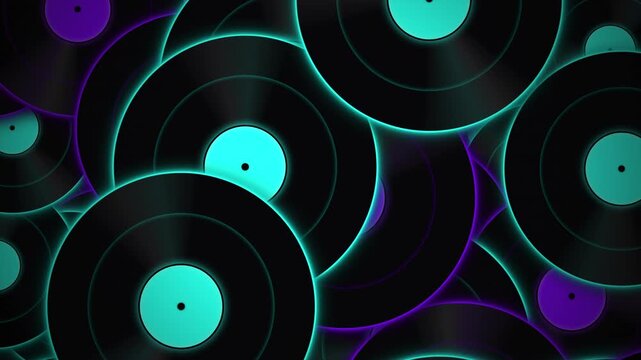 glowing neon vinyl records abstract background with futuristic purple and cyan lighting, futuristic spinning vinyl disc pattern with retro neon glow aesthetic music backdrop 4k