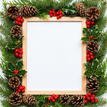 A festive arrangement featuring a clean paper frame bordered by rustic pine cones, vibrant red berries, and green evergreen tree branches, winter, decoration, evergreen