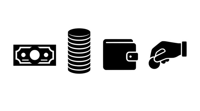 Finance icon collection displaying paper money tall stack of coins closed wallet hand offering a coin for business and banking concepts with currency, business