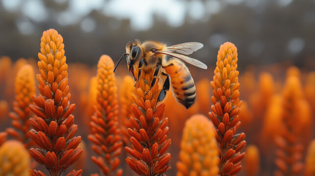 Close-up Macro of a Honey Bee on Vibrant Orange Flower Spikes, Pollination in Nature, Detailed Insect Wing Texture