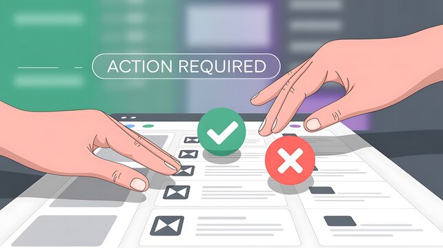 Hands making a choice between a checkmark and an X on a digital checklist during action required decision making