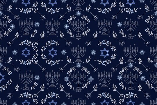 Seamless pattern with white menorahs, star of david symbols, and olive branches on a dark blue background, for the jewish, hanukkah holiday