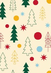 Obraz premium A seamless festive pattern featuring minimalist geometric pine trees and abstract decorative shapes over a warm cream colored background, illustration, shape, repeating