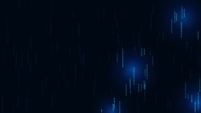 Abstract digital rain of binary code flowing down on dark blue background with glowing blue lights.