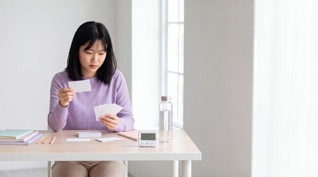 college student flashcards studying exam preparation education woman desk learning reviews memory cards for focused revision active recall knowledge retention and academic achievement campaigns