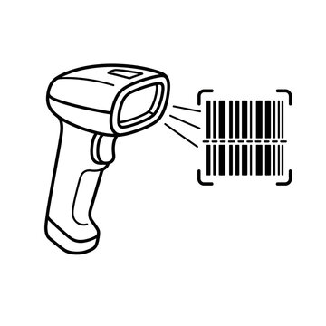 Outline illustration of a modern handheld barcode reader device scanning a product identification code, symbolizing efficient data capture, inventory management, and retail point-of-sale operations