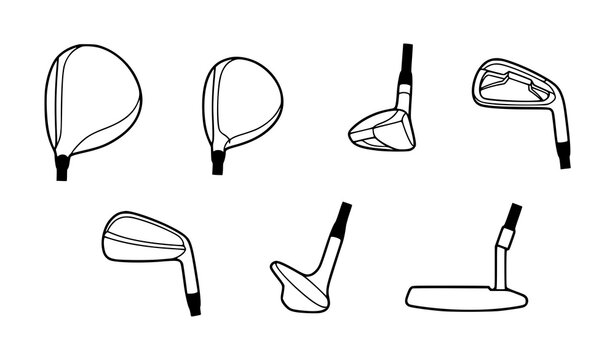 Golf club head outline icon set with driver iron wedge and putter vectors