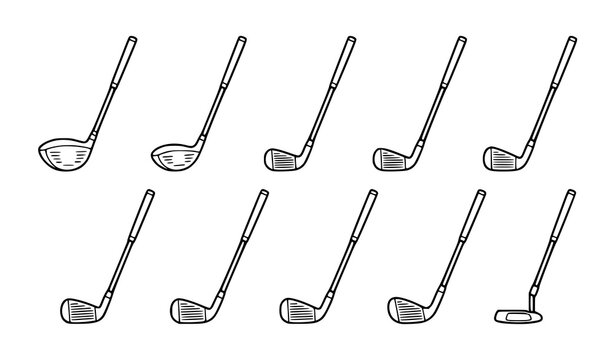 Golf club line art icon set with driver iron wedge and putter vector outline