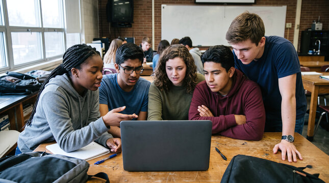 High school students studying together with laptop at desk