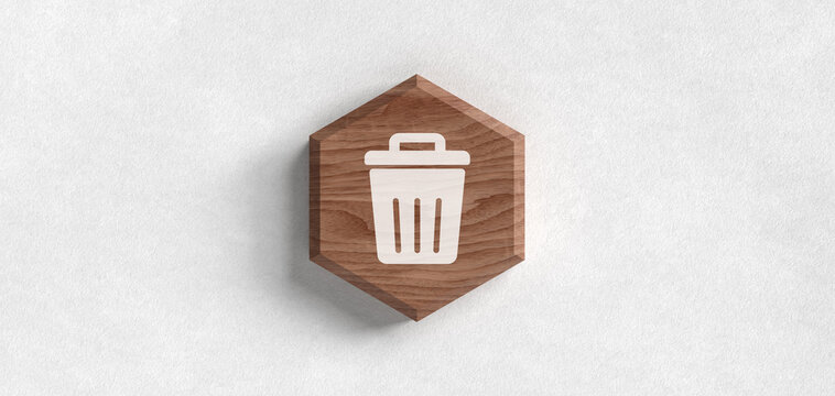A wooden hexagon icon with a white trash can symbol mounted on a textured white wall, representing digital deletion, waste management, and data recycling concepts.