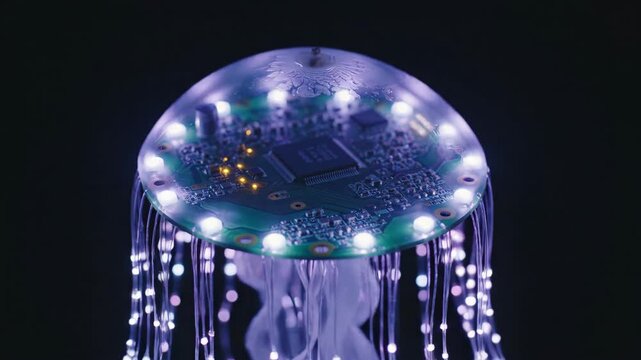 Futuristic electronic jellyfish with a circuit board head and glowing fiber optic tentacles against a dark background, representing digital marine technology.