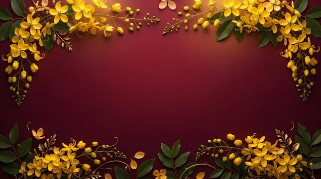 Vishu festival background with golden cassia fistula flowers on dark maroon surface