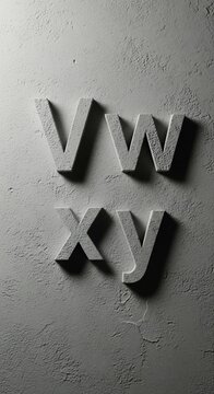 Textured Shadows: A 3D composition with a highly detailed, almost chiseled texture on each letter, illuminated by dramatic side lighting that casts deep, evocative shadows.
