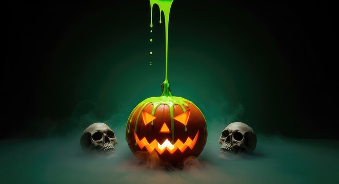 Eerie dark green backdrop with glowing carved pumpkins, viscous neon slime dripping from above, spooky skulls, and mysterious foggy shadows, forest, mist, smoke