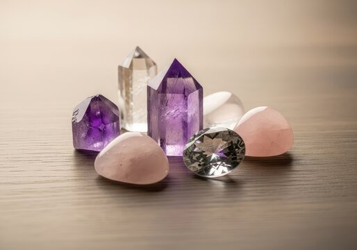 Ein Arrangement aus Amethyst, Bergkristall und Rosenquarz auf Holz, sanftes Licht betont die spirituelle Energie der wertvollen Edelsteine, Magie, Kosmos, Schwingung