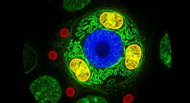 Detailed Microscope View of a Living Cell Showing Nucleus, Mitochondria, and Cytoplasm in Vibrant Colors
