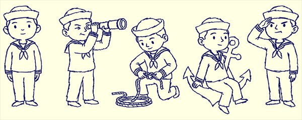 Charming sailor boys in various maritime poses with spyglass and anchor during a seaside adventure
