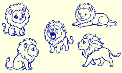 Obraz premium Cute lion cubs in various poses with simple line art style on a light yellow background for children's themes