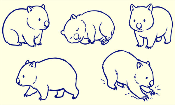 Adorable wombat doodles in various poses with a playful concept on a cream background