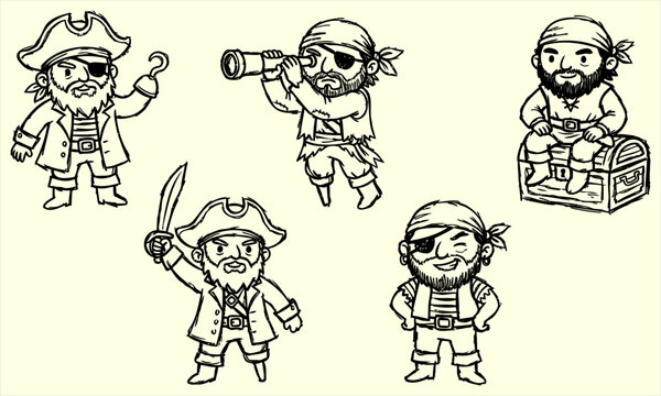Charming cartoon pirates with hook and spyglass during playful adventure on light background