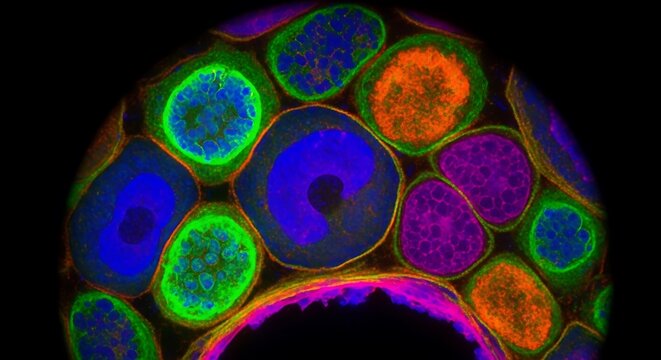 Vibrant fluorescent microscopy image revealing intricate cellular structures and nuclei in biological tissue.