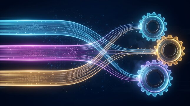 Fiber data streams connecting to three glowing mechanical gears. Concept of digital transformation, workflow automation, and system integration.