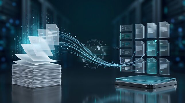 Floating paper documents transforming into digital glowing data streams pointing to a virtual folder icon. Concept of paperless office migration, digital archiving, and cloud storage backup.