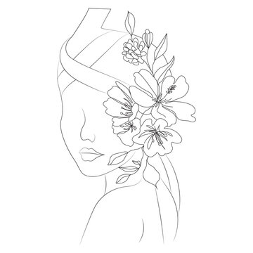 Line Art Woman Portrait with Turban and Flowers Vector Illustration Isolated on White Background