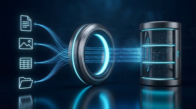 File icons sending data streams through a ring into a server cylinder. Concept of cloud storage backup, database management, and data migration.