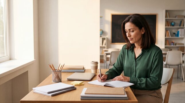 teacher lesson planning classroom notebook desk school preparation education work writes notes beside books and a laptop for curriculum organization academic goals staff productivity