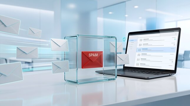 Red spam envelope trapped inside glass box next to laptop screen. Concept of email firewall protection, anti phishing software, and network cyber security.