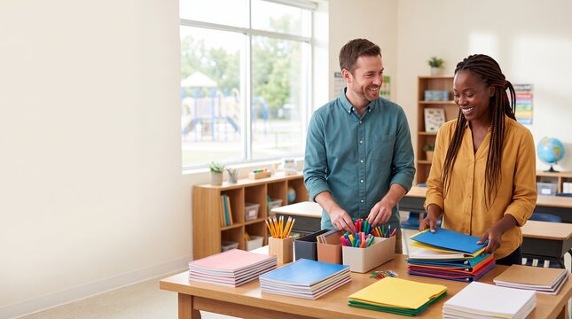teachers planning classroom lessons school supplies teamwork education preparation collaboration organize books stationery and schedules together for coordinated instruction staff communication
