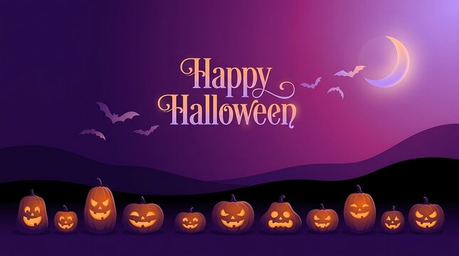 Spooky purple background with glowing jack o lanterns for a festive and scary helloween celebration event design