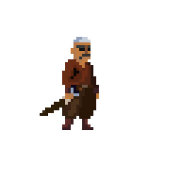 Pixel Art Pirate Character standing with Sword and Eyepatch Isolated Illustration