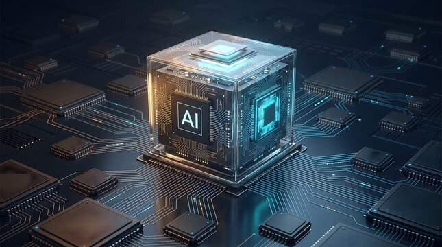 Glowing transparent cube with AI microchip on circuit motherboard. Concept of artificial intelligence hardware, and machine learning processor.